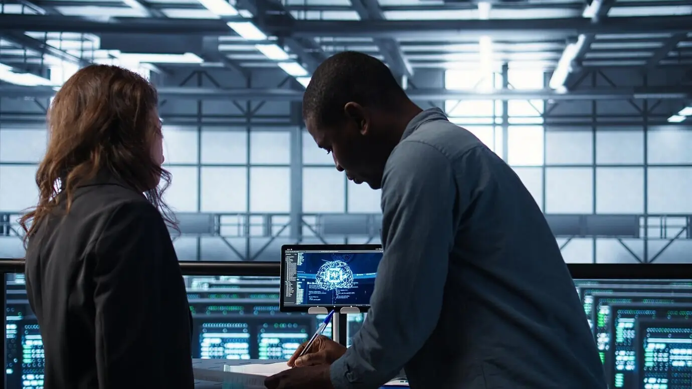 Менеджер и клиент встречаются в дата-центре для просмотра файлов и пожимают друг другу руки.